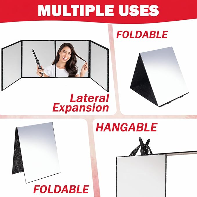 Foldable Full Length Mirror, 2 in 1 Hangable & Tabletop Acrylic Mirror, Portable Travel Mirror with Handle for Dance Bedroom Wardrobe Stage Makeup Checks Camping Outdoor Use (47" x 12.5", Four-Fold)