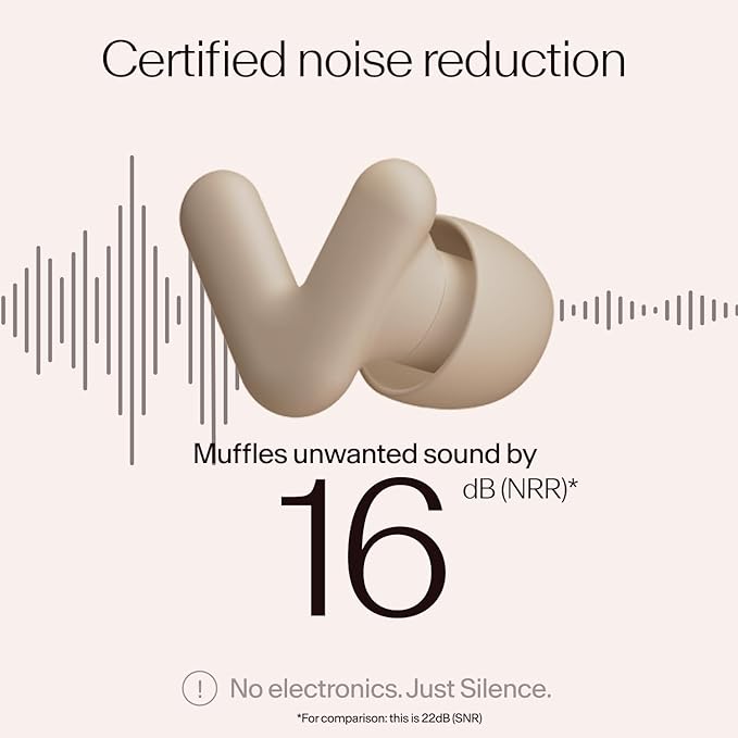 Alpine Silence Earplugs for Sleep, Focus & Travel - V-Shape Snug Fit & Soft Oval Tips – 4 Sizes XS/S/M/L - Comfortable, Reusable Hearing Protection - SNR 22dB & NRR 16 Noise Reduction – Beige