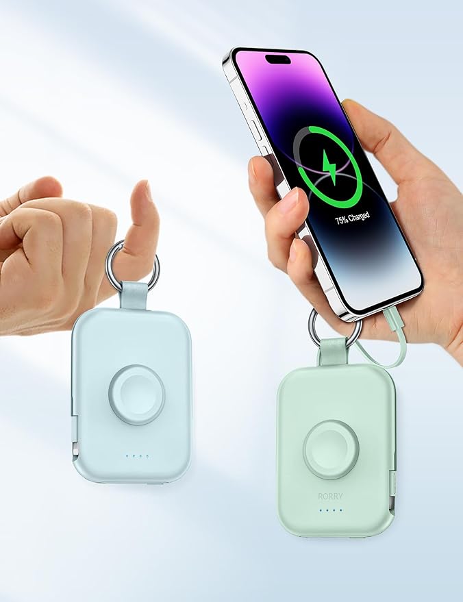 RORRY CharmGo Portable Charger, 5000mAh Portable Charger Power Bank with Built-in Cables, Travel Keychain Battery Pack for Apple Watch and iPhone Air/17/16/15/14/13/12, White