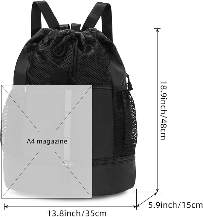 Valleycomfy Drawstring Gym Bag Sports Backpack With Shoe Compartment and Reflective Strips Black