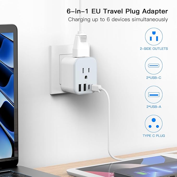 US to India Travel Plug Adapter, Foldable India Power Adapter with 4 USB(2 USB C Port) and 2 AC Outlets Charger, Type D Adaptor for US to India Bangladesh Maldives Nepal Pakistan Sri Lanka