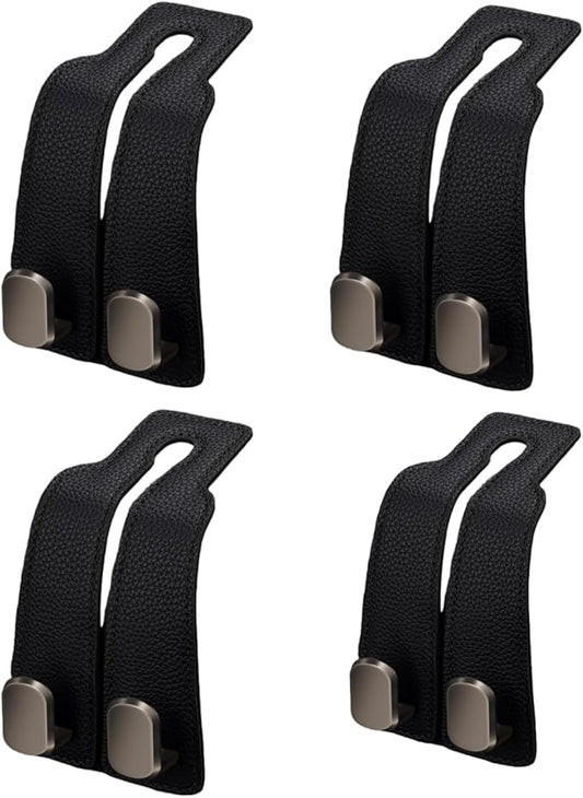 Coozyland Car Hooks, Coozy Land Metal Multi-Function Leather Car Headrest Hooks, Universal Double Hook Car Seat Back Storage Hooks for Wallets, Handbags, Bottles, Trash Bags, etc(Black 4-Pack)