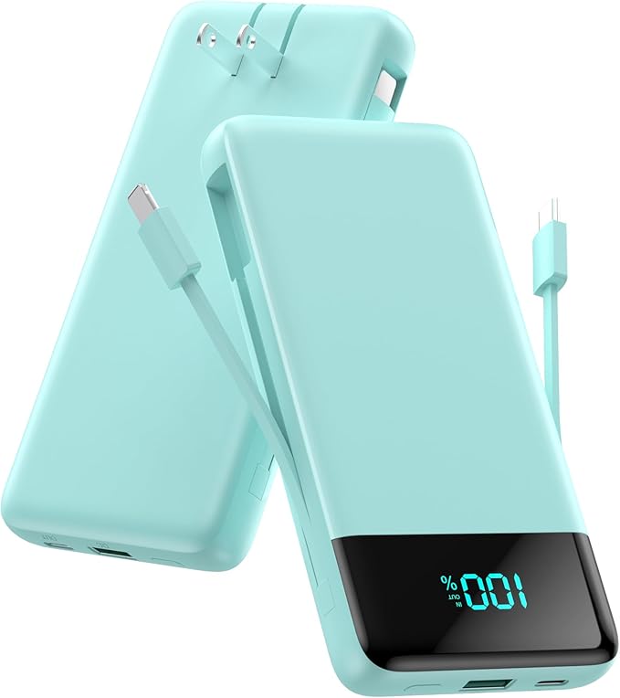 Portable Charger for iPhone with Built-in Cables and Wall Plug,Upgraded 13800mAh Fast Charging USB C Power Bank,4 Outputs Slim Travel Essentials Battery Pack for iPhone 17/16/14,Galaxy,Android-Green