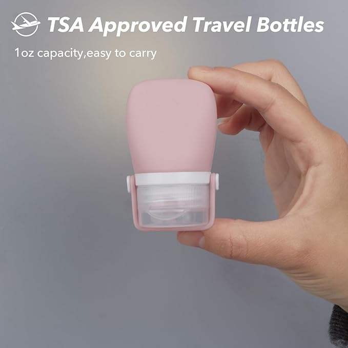 1oz Silicone Travel Bottles for Toiletries (4-Pack), TSA Approved Leakproof Toiletry Bottles with Locking Lid, Refillable Travel Size Containers for Shampoo, Body Wash, Camping & Trips (White,Green)