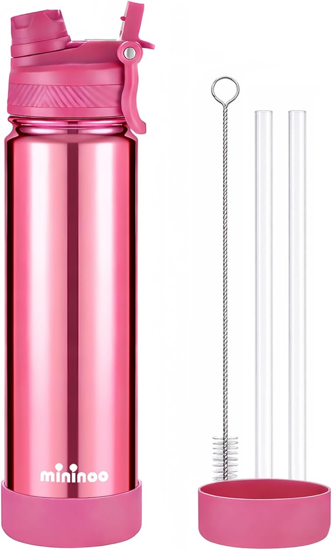 mininoo 24 oz Insulated Water Bottle with 2-in-1 Straw & Spout Lid, BPA-Free & Leak-Proof, Stainless Steel Water Bottle for Sports, Travel, and School, Rose Pink