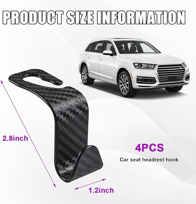 povtii 4 PCS Car Seat Headrest Hooks, Auto Backseat Organizer Hanger Holder, Vehicle Seat Back Storage Hooks for Purse Coat Umbrella Grocery Bag Handbag, Interior Car Accessories (Carbon Fiber)