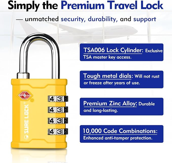 SURE LOCK TSA Accepted 4 Dig Heavy Duty Big Combination Luggage Padlock All Metal Travel Lock for Equipment Hard Case Luggage Gun Case Gym Locker Pelican Vault Lock (2, Yellow)