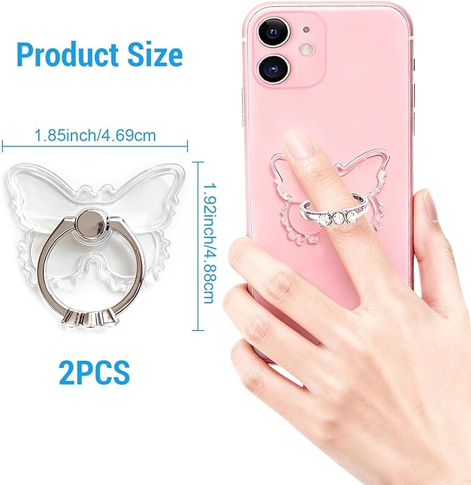 2PcsTransparent Phone Ring Holder Grip, Clear Butterfly Cell Phone Ring Holder Stand with Diamonds,360°Rotation Finger Grip Ring Kickstand Compatible with Most Smartphones,Tablets and Case
