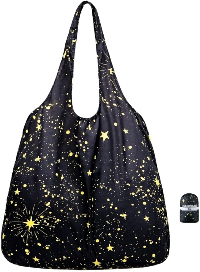 Nanobag Ultralight Heavy Duty Foldable Tote for Women & Men, Reusable Grocery & Travel Bag, Packable Collapsible Compact Market Essential (XL Stars)