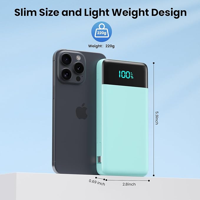 Portable Charger for iPhone with Built-in Cables and Wall Plug,Upgraded 13800mAh Fast Charging USB C Power Bank,4 Outputs Slim Travel Essentials Battery Pack for iPhone 17/16/14,Galaxy,Android-Green