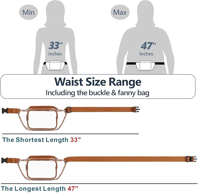 Veckle Clear Fanny Pack Stadium Approved - Adjustable 33-47 Inch Strap, Transparent Belt Bag for Women Men Fits 7.5-inch Smartphone, Waist Bag Clear Bag for Stadium Events, Sport, Concerts, Brown