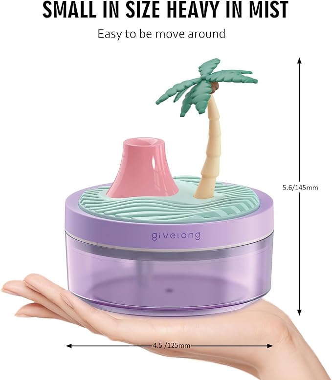 PRATIQUE Mini Portable Desktop Humidifiers for Bedroom,Small Humidifier with Cocount Tree,Quiet,Cool Mist, Auto Off,7 Colors Night Light,320ml Air Humidifier Home Office Travel (PURPLE)