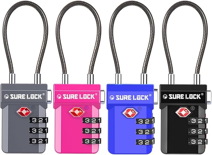 SURE LOCK TSA Approved Luggage Locks with Open Alert Indicator, 3 Digit Combination Cable Travel Lock for Suitcase, Backpack, Gym Locker, Toolbox, Carry On & Travel Bag