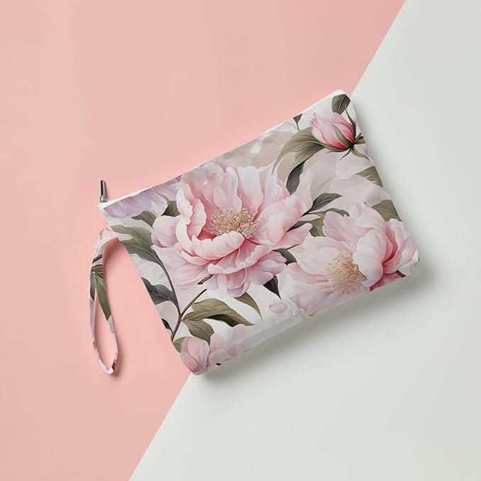 Fokongna Floral Print Wet Bag, Small Portable Waterproof Multi-Functional Organizer for Women, Ideal for Daily, Beach & Travel, Blush Pink Peony Romance
