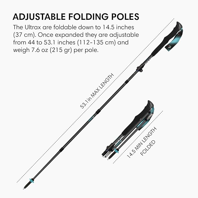 Fizan Ultrax Trekking Poles – Ultralight, Backpacking, Bikepacking, Hiking Trails, Collapsible to 14.5 in, Aluminum or Carbon Fiber