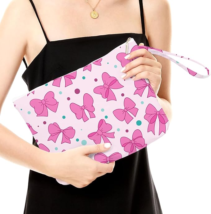 Fokongna Cute Print Wet Bag, Small Portable Waterproof Multi-Functional Organizer for Women, Pink Bow Polka Dot, Ideal for Daily, Beach & Travel