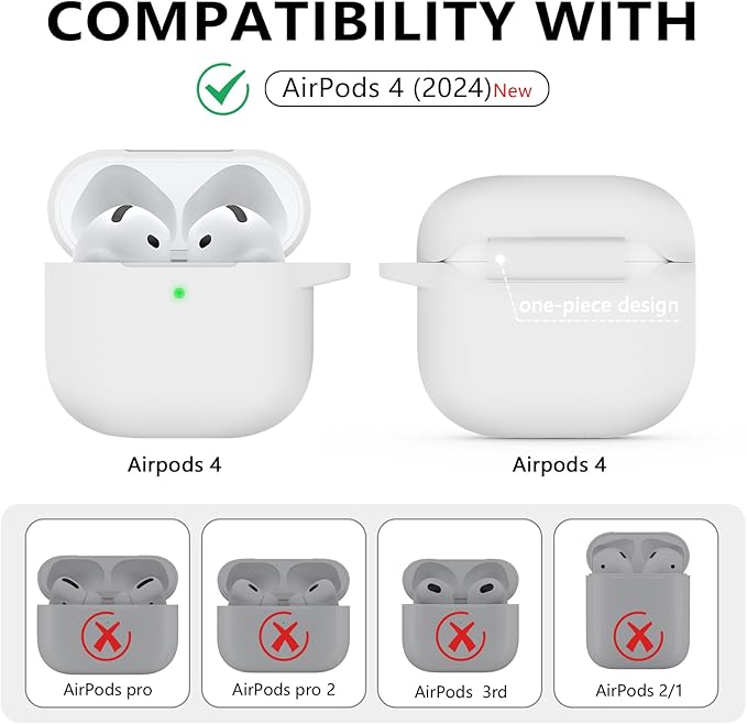 Ljusmicker for AirPods 4 Case 2024 with Cleaner Kit,Soft Silicone Protective Cover for Apple AirPods 4th Generation Cases for Women Men,for AirPod 4 Case Accessories with Keychain-White