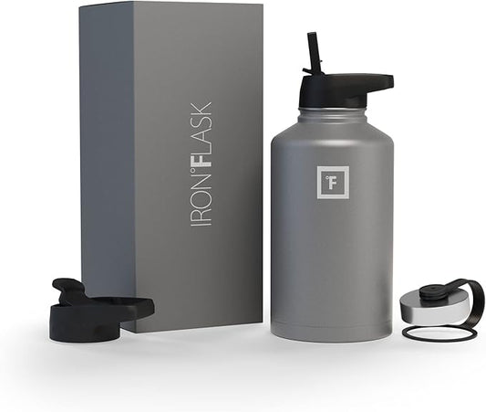 IRON °FLASK Camping & Hiking Hydration Flask with Straw, Wide Mouth Insulated Stainless Steel Sports Water Bottle - Graphite 64 oz - Straw (3 Lids)