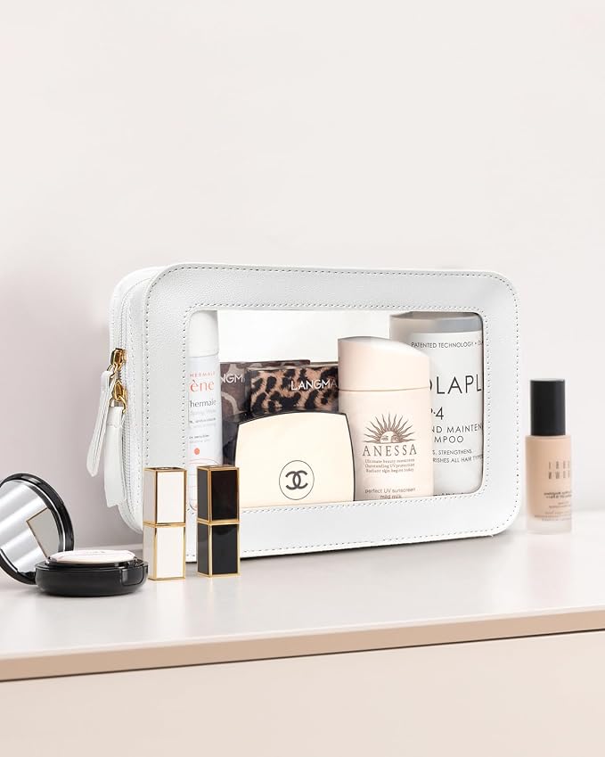 LETGO Clear Sunscreen Makeup Bags Pouch, TSA Approved Toiletry Bag with Zipper, Portable Make Up Organizer Traveling Compact Car Bag for Beach Essentials(Clear-White)