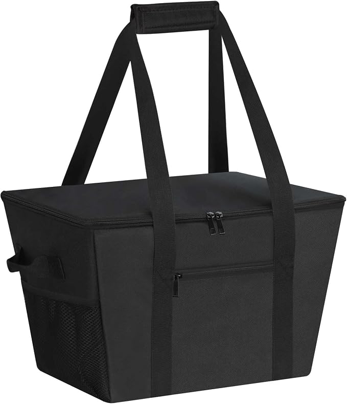 Reusable Grocery Bag – Expandable Insulated Cooler Bag with Bottom Board, Collapsible Insulated Shopping Bag with Zipper & Drawstring, Heavy Duty Tote Bag for Shopping, Delivery, Picnic, Beach