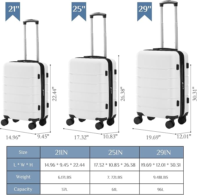 NEWBULIG 3 Piece Luggage Set, Expandable Hard Shell Lightweight Travel Suitcases with Spinner Wheels and TSA Lock, Rolling Luggage for Business Trips and Vacations, 20/24/28 Inch, White