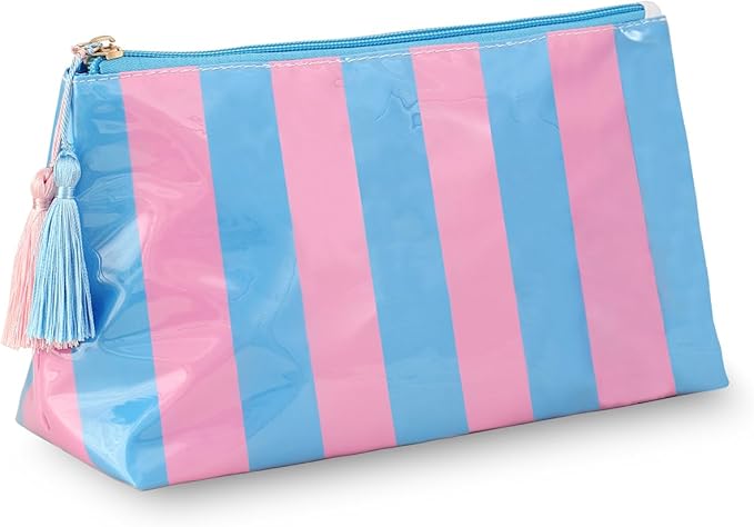 DYSHAYEN Makeup Bags for Purse,Small Clear Coated Cosmetic Bags for Women Girls, Waterproof Travel Organizer Zipper Pouch Beach Vacation Essentials (Blue-Pink)