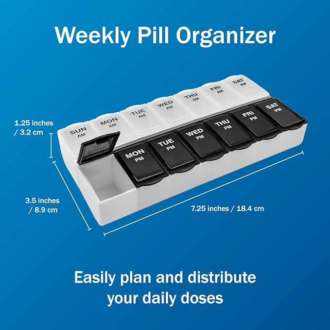 Amazon Basic Care 7-Day AM/PM Pill Organizer, Vitamin Case and Medicine Box with Large Compartments, 2 Times a Day, Black and Clear Lids