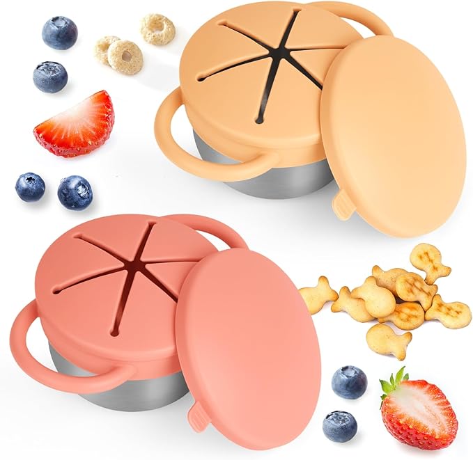 Daximo 2 Pack Snack Cups for Toddlers Spill Proof - Detachable Stainless Steel Toddler Snack Cups with Silicone Lids & Handles - Dishwasher Safe Snack Container(Orange and Yellow)
