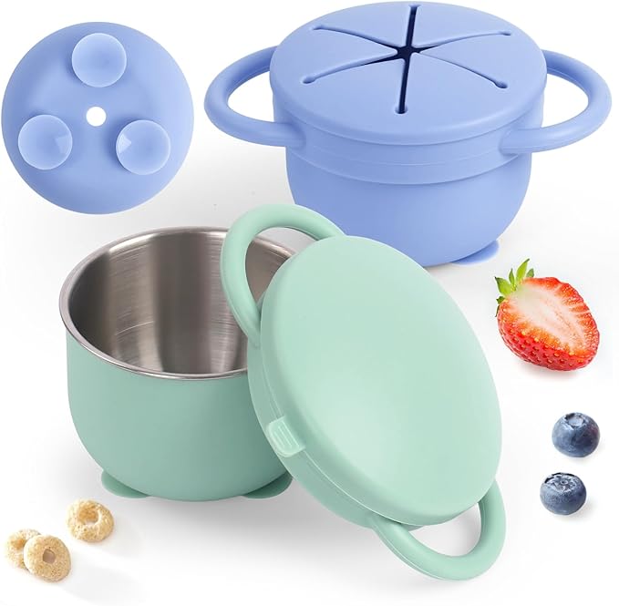 Daximo 2 Pack Toddler Snack Cups with Suction Base — 4-in-1 Detachable Stainless Steel Cups, Snack Cups for Toddlers Spill Proof with Silicone Lids & Handles for Mess-Free Snacking
