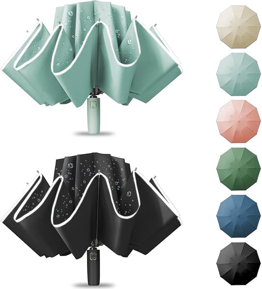 Fogkey Large Windproof Travel Umbrella - Reverse Auto Folding Car Umbrella for Rain and Sun, Compact Inverted Design with Waterproof Canopy, 10 Durable Ribs, Fits Backpack, Portable for Women & Men