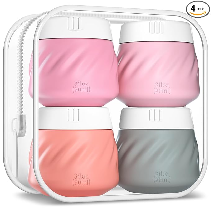 Gemice Silicone Cream Jars TSA Approved Travel Size Containers with Toiletry Bag, Wide Mouth Leak-proof Travel Accessories with Lid for Cosmetic Cream (4 Pack)