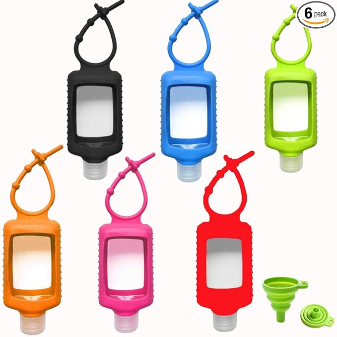 MEMOVAN Travel Plastic Clear Bottles with Silicone Sleeve 6 Pack, Pocket Hand Sanitizer Bottle Refillable Bottle with Keychain Holder, 2oz/60ml Leakproof Empty Squeeze Container Flip Cap, Random Color