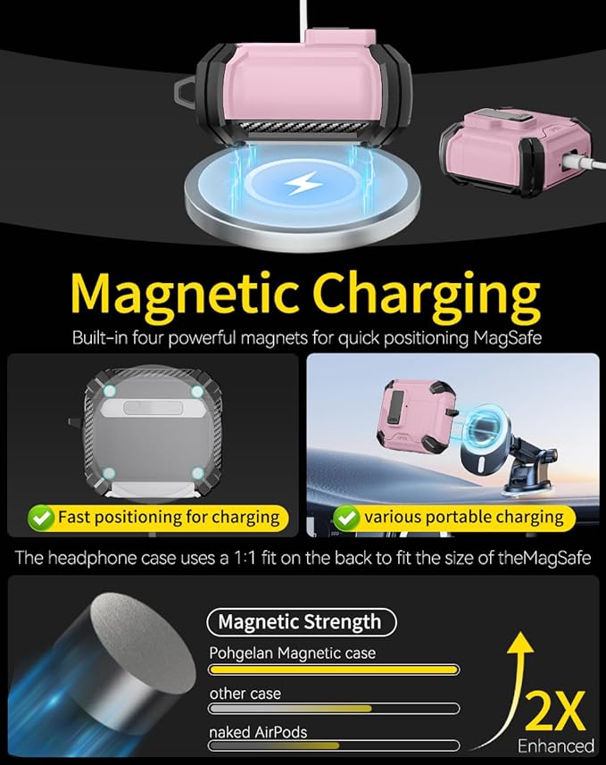 Pohgelan Compatible with AirPods 4 Case,Magnetic Automatic Lock with Phone Stand & Cleaning Kit,Compatible with Magsafe Cover -Pink