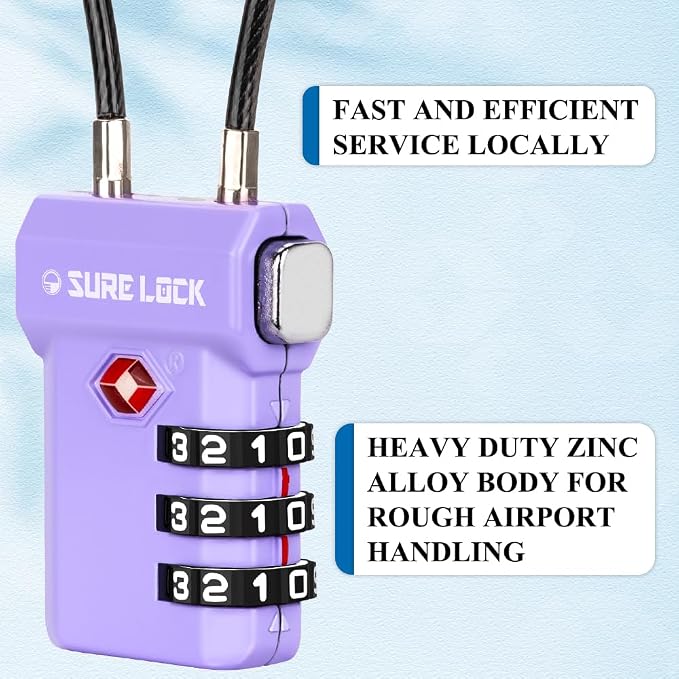 SURE LOCK TSA Approved Luggage Locks with Open Alert Indicator, 3 Digit Combination Cable Travel Lock for Suitcase, Backpack, Gym Locker, Toolbox, Carry On & Travel Bag