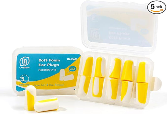 LYSIAN Ultra Soft Foam Earplugs Sleep 5 Pairs, 38dB Noise Reduction Ear Plugs for Sleeping, Snoring,Travel and Gun Shooting Range (Yellow/White)