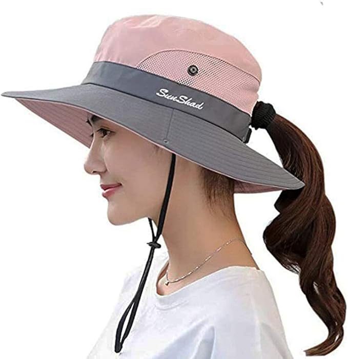 Women's Summer Sun-Hat Ponytail - Outdoor UV-Protection Mesh Wide Brim Foldable Hat with Ponytail Hole