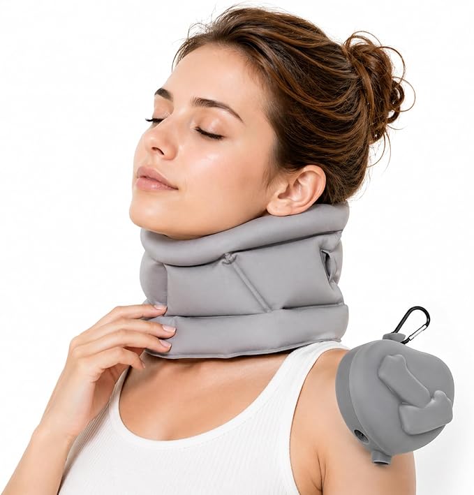 Inflatable Neck Pillow for Travel – Adjustable Cervical Support Brace for Sleeping, Posture, Plane & Office – Ultra-Lightweight, Portable & Compact – Gray Neck Support for Men & Women