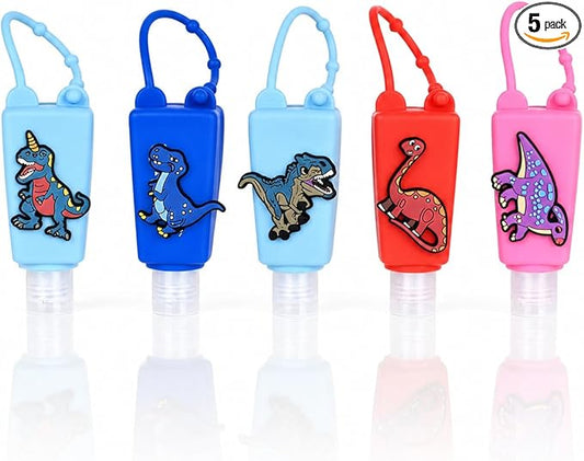 5-Pack Kids Cartoon Hand Sanitizer Holder (No Sanitizer Included), 30ml Refillable Travel Bottles with Silicone Case, Leak-Proof for Lotion & Liquid Soap (Roar Dino)