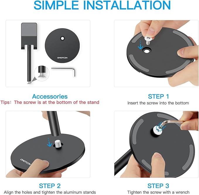 OMOTON Cell Phone Stand, Angle Height Adjustable Phone Stand, Aluminum Desktop Phone Holder Dock Stand for Desk, Compatible with iPhone Air/17 Pro Max/, All Smartphones and Tablets(4-11''), Black
