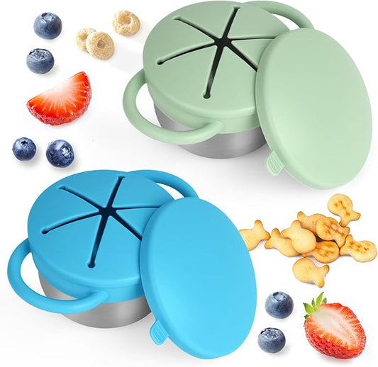 Daximo 2 Pack Snack Cups for Toddlers Spill Proof - Detachable Stainless Steel Toddler Snack Cups with Silicone Lids & Handles - Dishwasher Safe Snack Container(Niagara Blue and Sage Green)