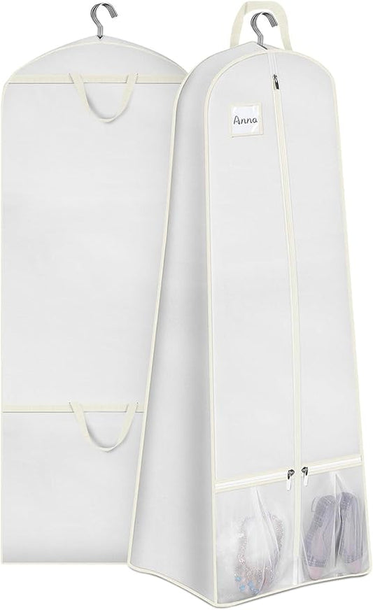 SLEEPING LAMB 72" Bridal Wedding Gown Dress Garment Bag 15" Gusseted Garment Cover Shoe Pockets Travel Garment Storage Bag for Prom, Evening Gowns, White