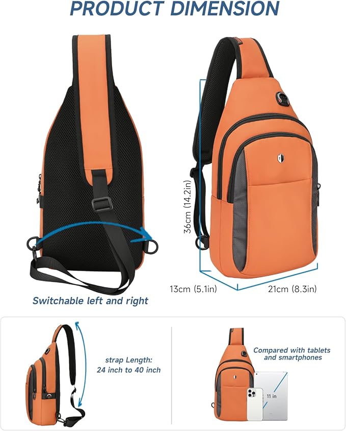 Anti-Theft Sling Bag for Women&Men, Water Resistant Crossbody Bag Mini Backpack, Lightweight Travel Hiking Chest Pack, Built-in Audio Port, Reversible Strap, Fits 11 inch iPad & Switch 2