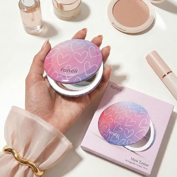 Fancii Mini Taylor Compact Magnifying Mirror with LED Light, 10x/1x, Rechargeable, 3 Light Settings, Dimmable - Small Lighted Travel Handheld Mirror for Pocket, Handbag, Purse, 2-Sided (Lovestruck)