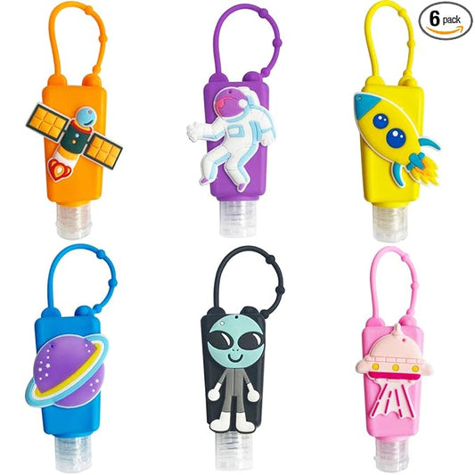6Pcs Travel Size Kids Empty Hand Sanitizer Bottles with Keychain Holder Detachable Silicone Protective Case 30ml Plastic Travel Bottles Leak Proof Refillable Containers - Space