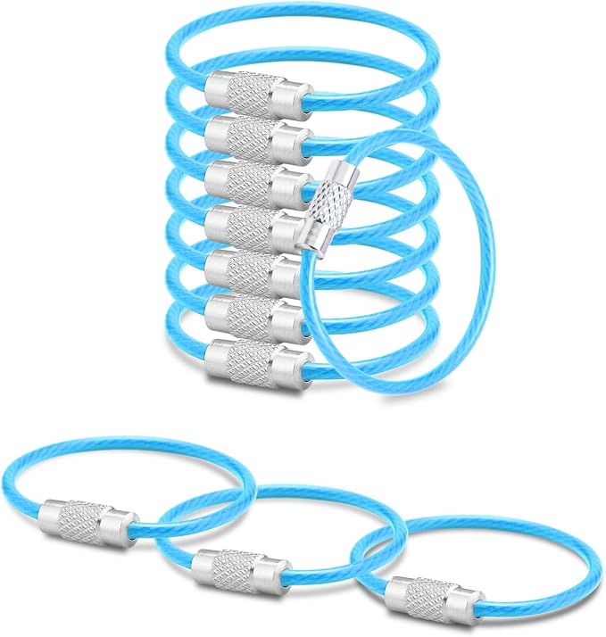 CooBigo 12 Pack Small Keychain Key Ring Holder 4 Inch Travel Luggage Tag Loops Wire Cable Key Chain for Hanging Car Keys Dog Tag Rings Keeper (Thick: 2mm, Light Blue)