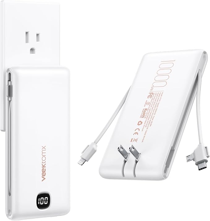 VEEKTOMX Portable Charger with Built in Cables 10000mAh, Power Bank for iPhone with AC Wall Plug, Fast Charging USB C Slim Battery Pack with LED Display Compatible with iPhone 17/16/15, Samsung