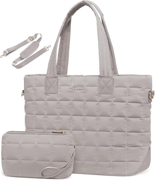 LOVEVOOK Laptop Tote Bag for Women, 15.6 Inch Large Puffer Work Computer Tote Bags for Teacher Nurse, Quilted Women's Purse Tote Shoulder Handbags with Zipper for Travel College Office Gym, Sandy