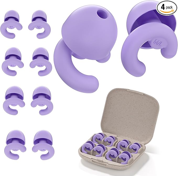 Noise Cancelling Ear Plugs for Sleep, Small Ear Fit - No-Pain for Side Sleepers, 50dB NRR Reusable Silicone One-Piece Design, 4 Sizes for Adults & Kids, Portable Case (Purple, 4 Pairs)