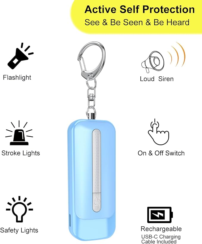 Personal Alarm for Women, Rechargeable with Safety Lights & Low Battery Notice, 130dB Siren with Extra Bright LED Flashlight Strobe Light for Emergency, Dual Light Sources Safety Keychain