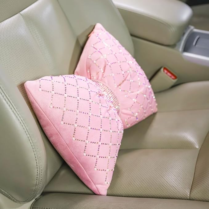 Carwales Pink Bow Lumbar Support Pillow for Car Accessory Women Girl Couch Cushion Decorative Back Pillow Bling Rhinestone Pearls 1 Pack